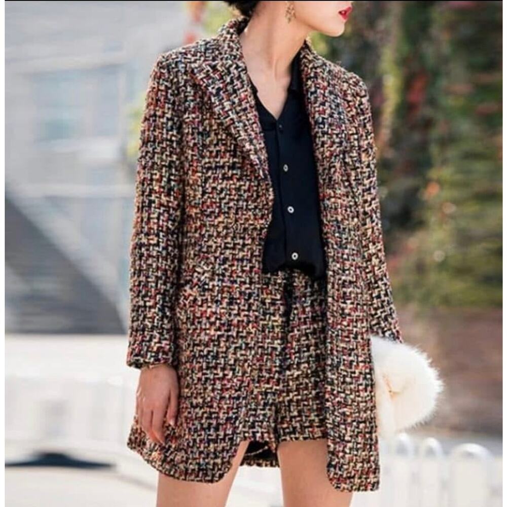 Womens Y2K Multicolor Tweed Lined Two Button Coat And Matching Shorts Set Size L